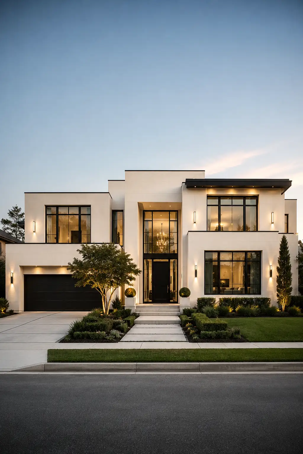 Luxury contemporary house with warm ivory exterior paint, crisp black framed windows, black garage door, dark roofline accents, tall glass entrance, clean geometric architecture, manicured green lawn, structured landscaping, and warm architectural lighting.