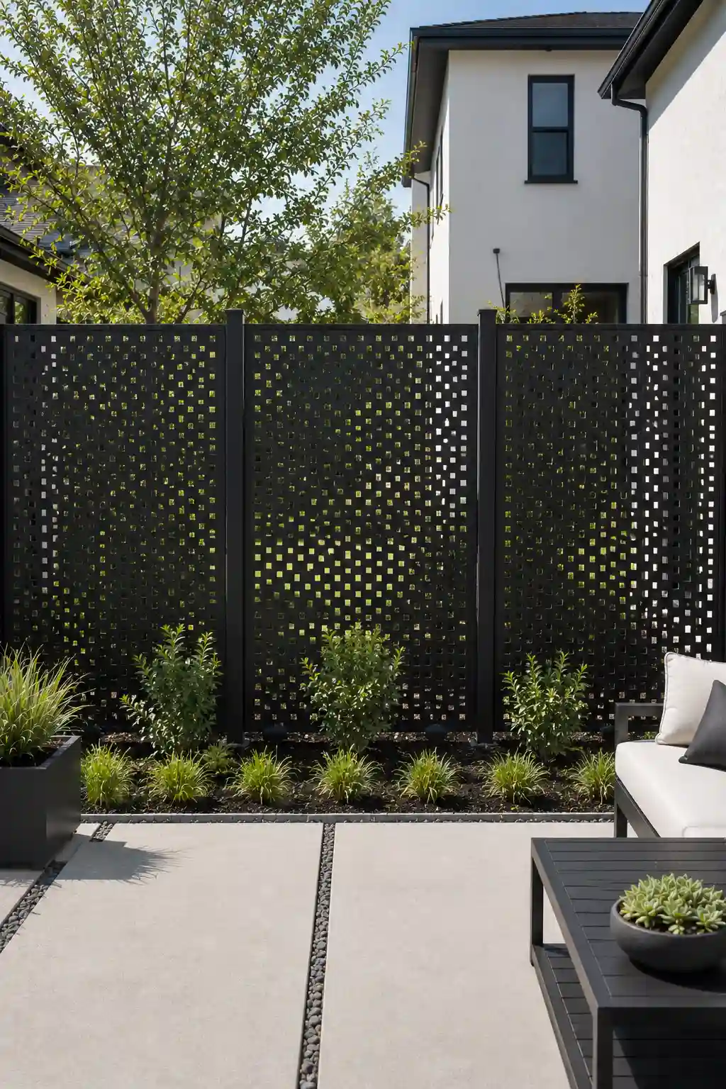 Modern black perforated metal privacy fence featuring decorative square cutouts arranged across full height panels, allowing filtered light and airflow while framing a contemporary backyard with layered landscaping, concrete pavers, and modern patio furniture.