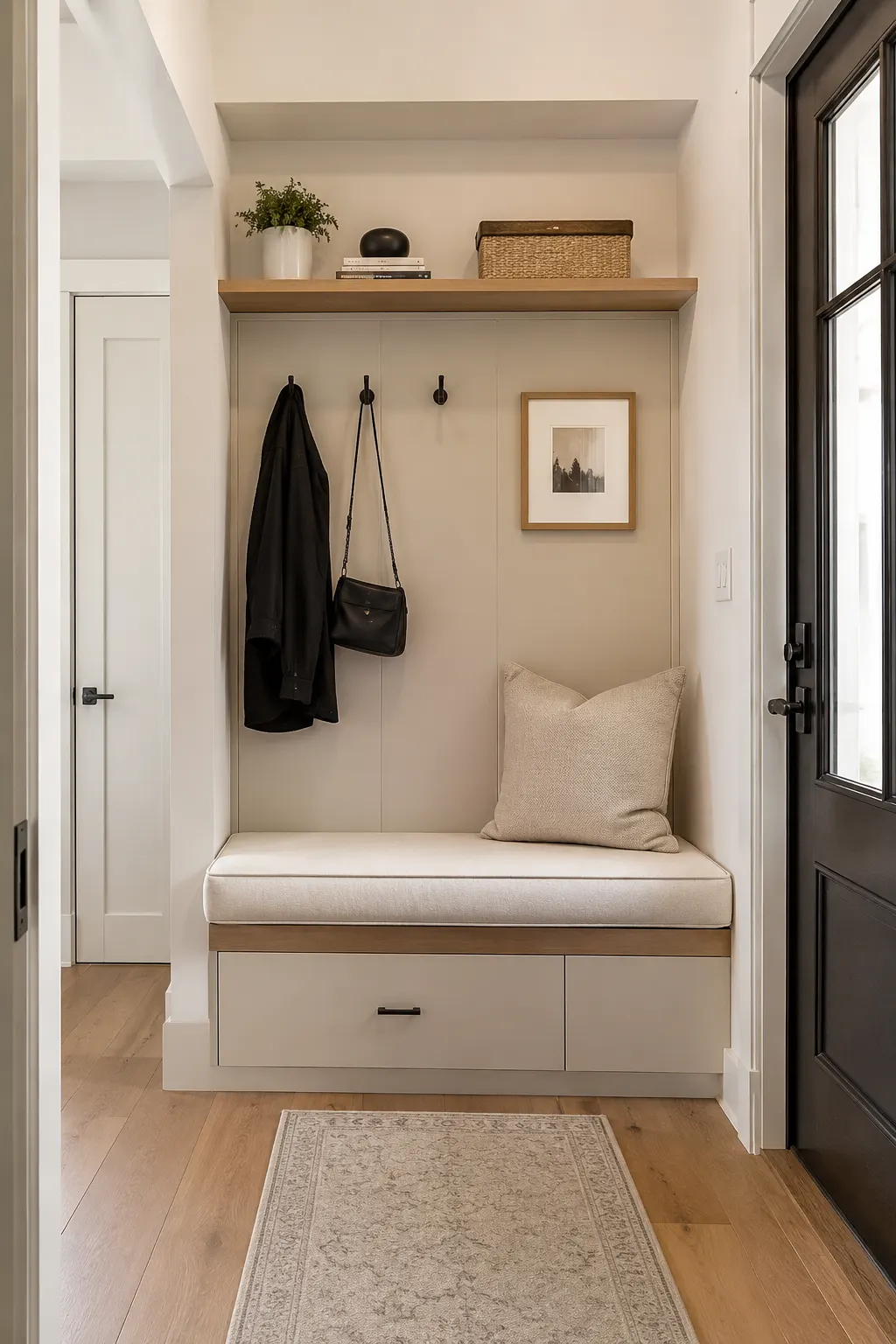 Compact entryway featuring a built in cream upholstered bench with a comfortable neutral cushion, enclosed drawers underneath for hidden storage, three dark wall hooks holding a coat and handbag, long floating wood shelf above the bench, woven storage basket, stacked books, small potted plant, framed artwork, warm light oak flooring, neutral rug, and practical modern entryway organization.