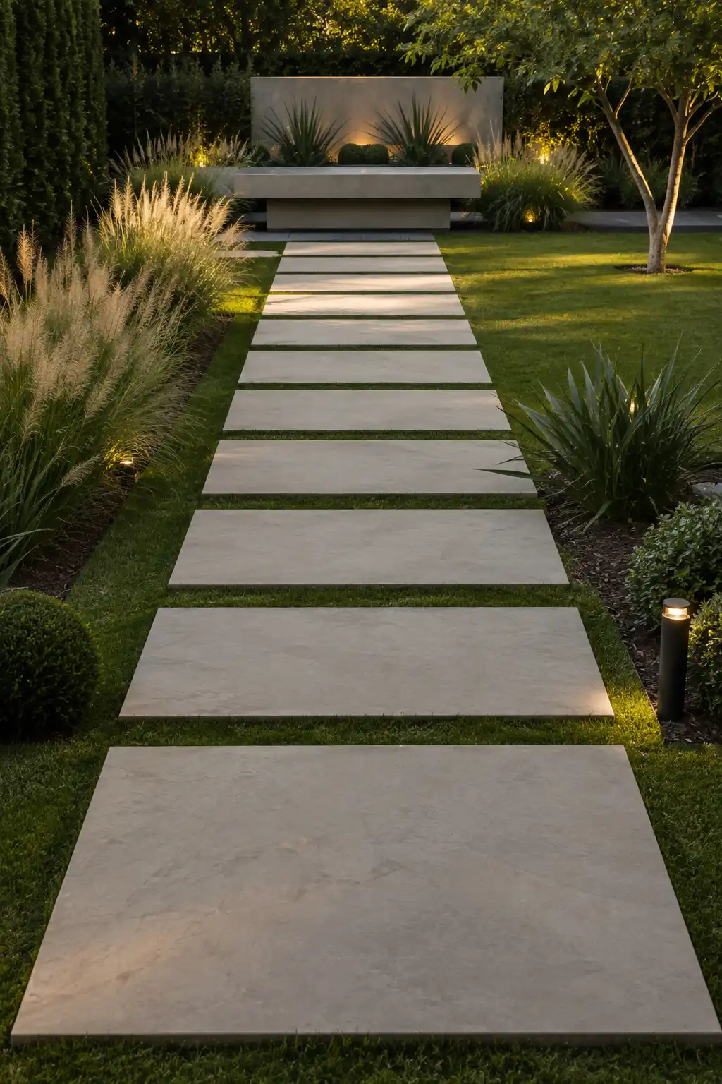 Modern backyard garden path featuring oversized rectangular stepping stones set between strips of green lawn, tall ornamental grasses, sculptural plants, manicured shrubs, subtle pathway lights, mature trees, and a contemporary bench destination at the end.