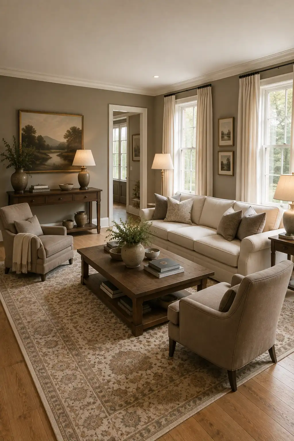 Warm Joanna Gaines style living room with soft taupe walls, cream sofa, tailored neutral armchairs, oversized rustic wood coffee table, faded traditional area rug, tall windows with linen curtains, vintage landscape artwork, pottery, greenery, and layered table lighting.