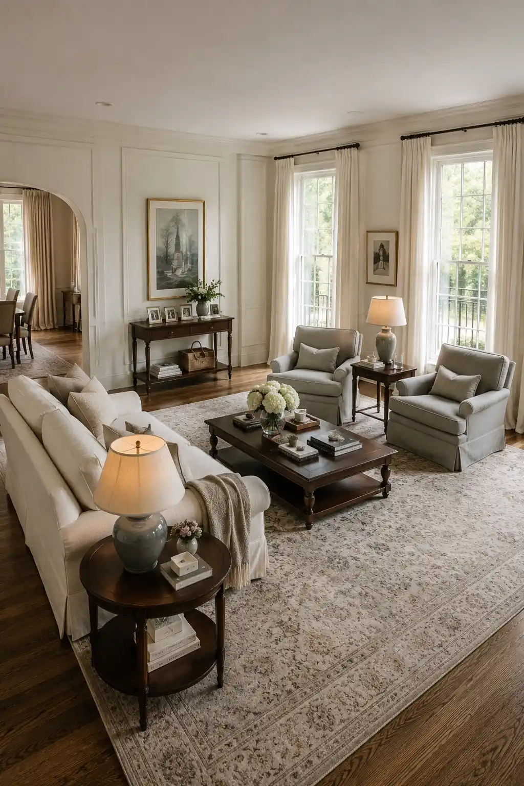 Nancy Meyers inspired living room arranged for conversation with a generous cream sofa, two facing neutral armchairs, dark wood coffee table, patterned area rug, ceramic lamps, framed photographs, tall windows, ivory curtains, and refined traditional details.