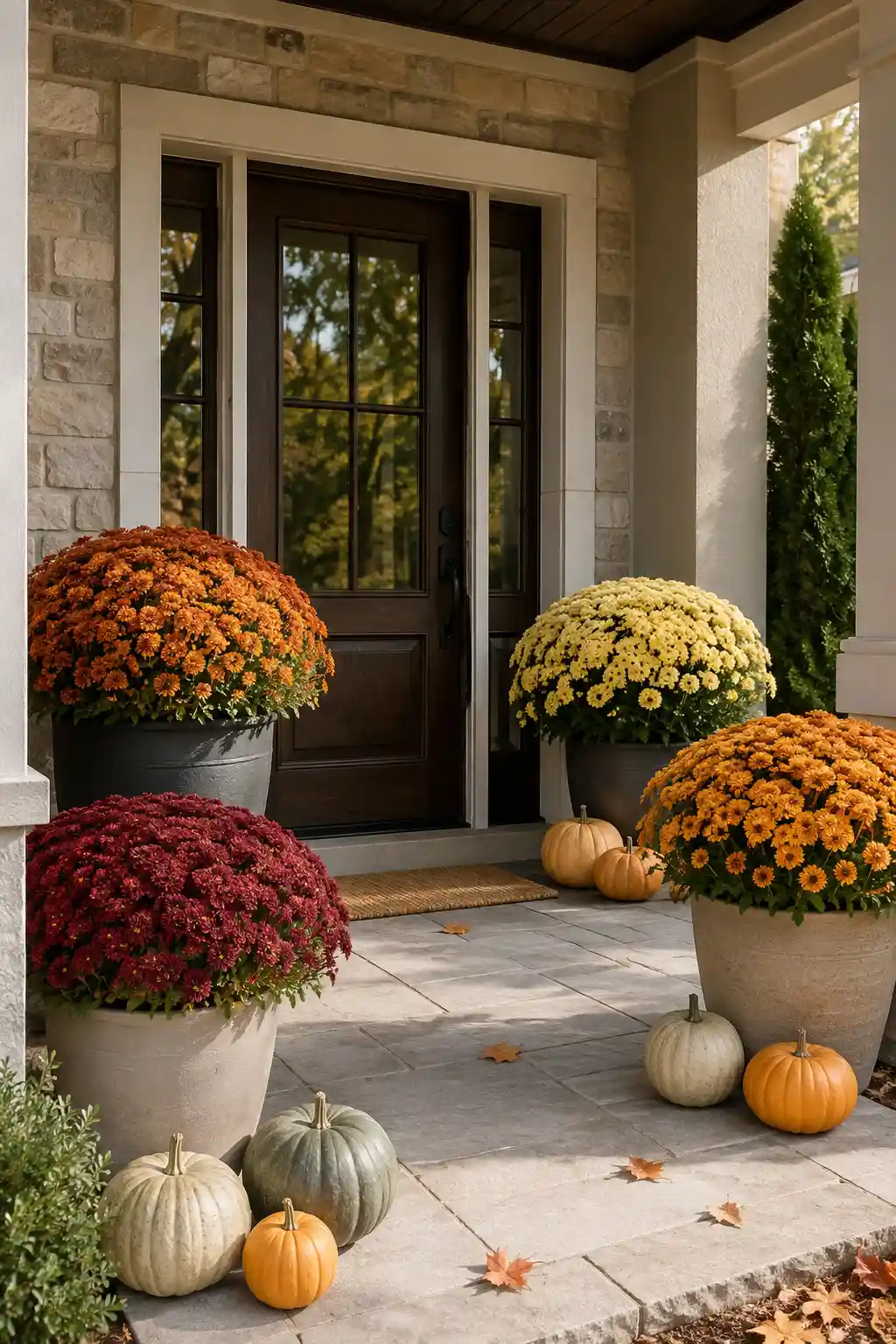 Colorful fall porch decor featuring oversized pots of burgundy, burnt orange, and golden chrysanthemums around a modern entrance, accented with cream, orange, and muted green pumpkins for a polished seasonal front porch display.
