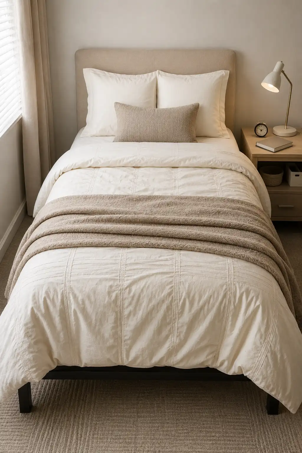 Warm ivory dorm bedding idea featuring a soft cream comforter with subtle stitched details, matching ivory pillows, a textured taupe lumbar cushion, and a layered taupe throw paired with light wood furniture for a calm and comfortable dorm room.