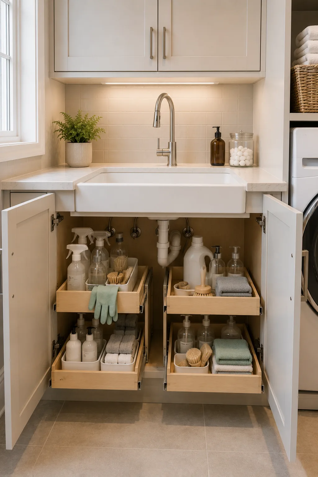 Organized laundry room sink cabinet featuring pull out under sink storage trays arranged around the plumbing, with cleaning sprays, stain removers, brushes, gloves, folded cloths, bottles, and everyday cleaning essentials stored within easy reach.
