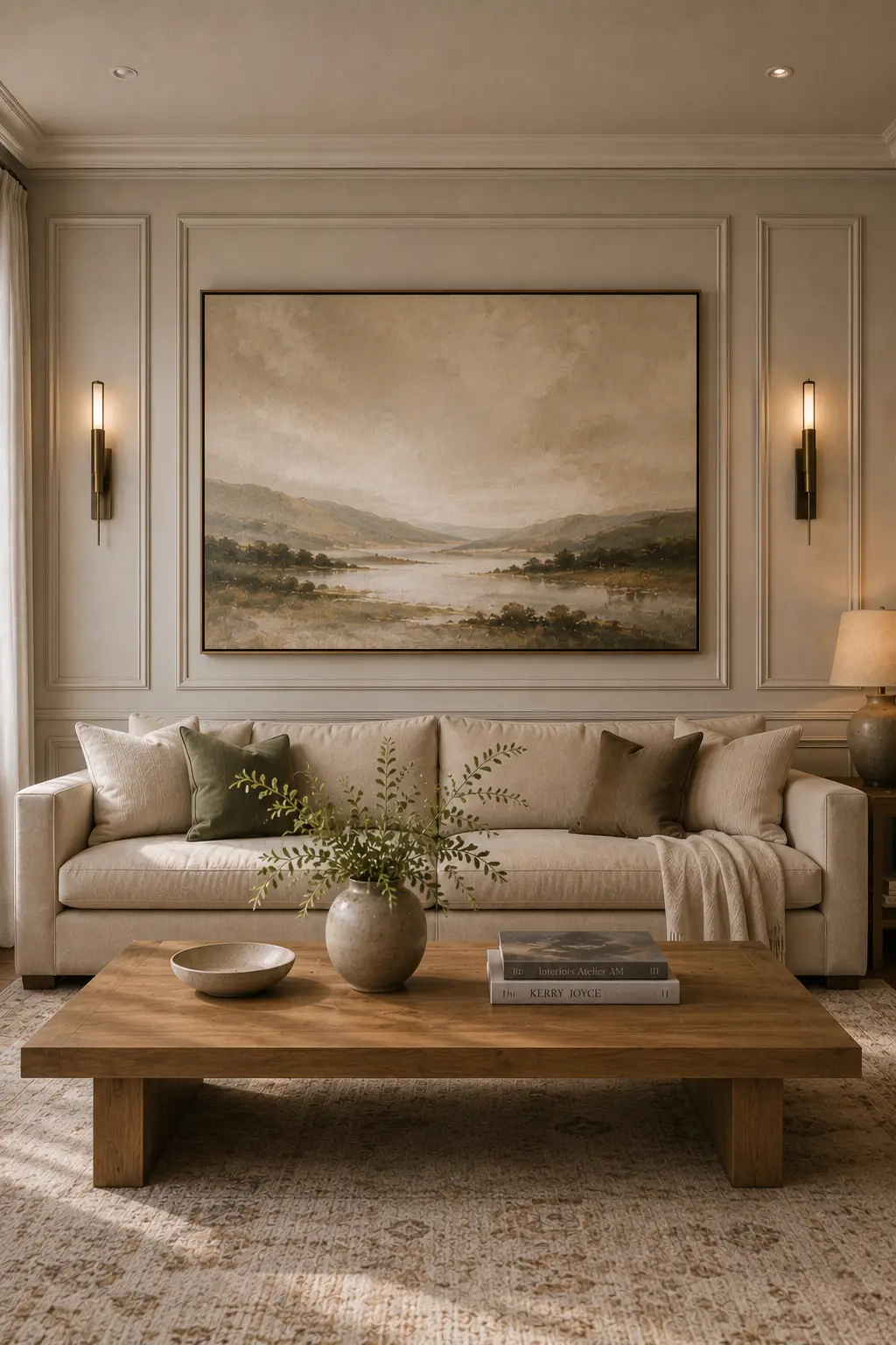 Refined living room wall decor featuring elegant picture frame molding around oversized landscape artwork, slim wall sconces, a cream sofa, warm wood furniture, and sophisticated neutral finishes for architectural wall detail.