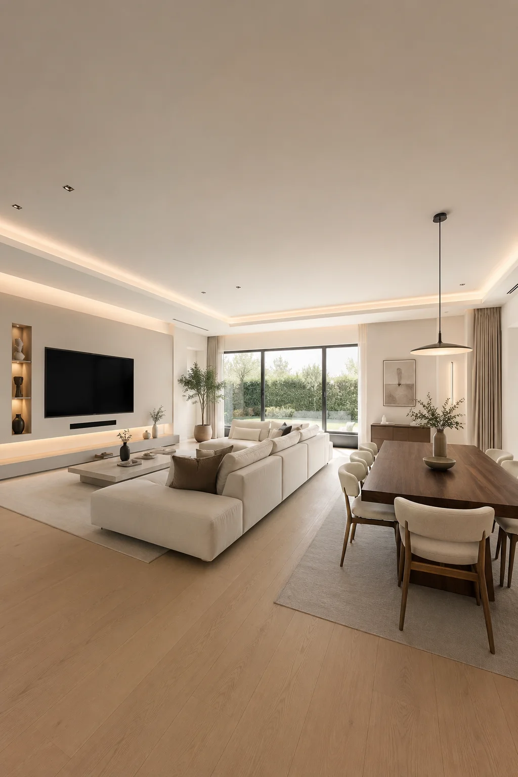 Minimalist open layout living room dining room featuring clean architectural lines, floating media wall, concealed storage, oversized neutral sectional sofa, modern walnut dining table, elegant pendant lighting, floor to ceiling sliding glass doors, warm natural daylight, and timeless contemporary luxury home decor.