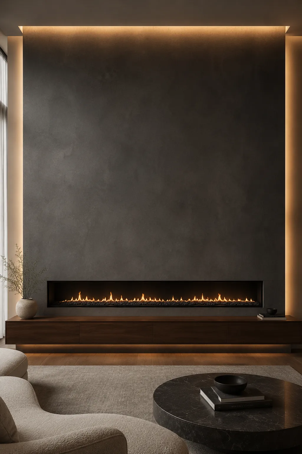 Luxury charcoal fireplace feature wall with concealed LED backlighting, extra long linear fireplace, floating walnut cabinet, textured plaster finish, warm natural lighting, and an elegant contemporary living room with premium architectural styling.