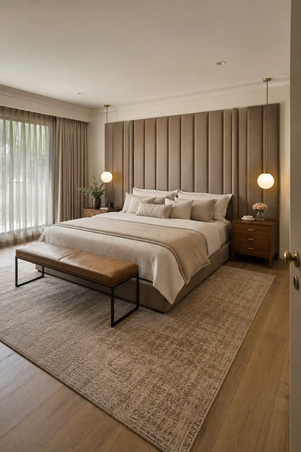 Sophisticated adult bedroom with an oversized floor to ceiling upholstered headboard wall, vertical channel panels, warm neutral bedding, wooden nightstands, hanging globe pendant lights, slim leather bench, large patterned rug, and soft floor length curtains.