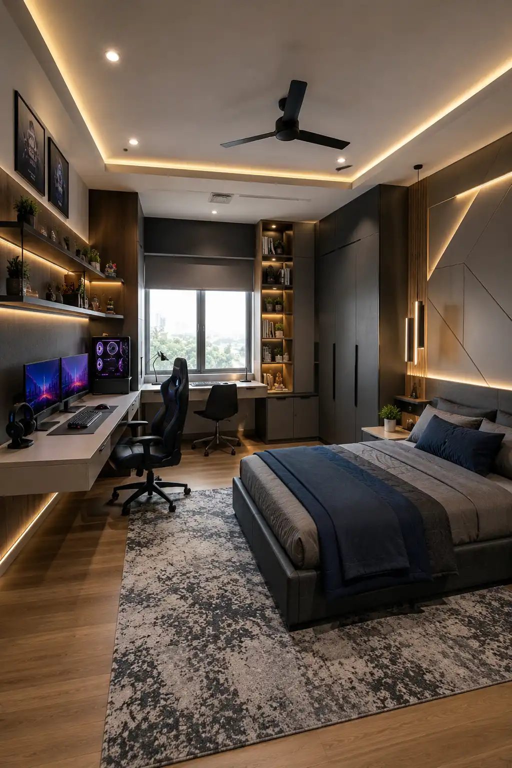 Modern gaming kids room renovation featuring a dual monitor gaming setup, desktop PC, long wall mounted desk, separate homework area, ergonomic chairs, built in shelving, dark wardrobes, upholstered bed, concealed lighting, and organized storage for gaming and studying.