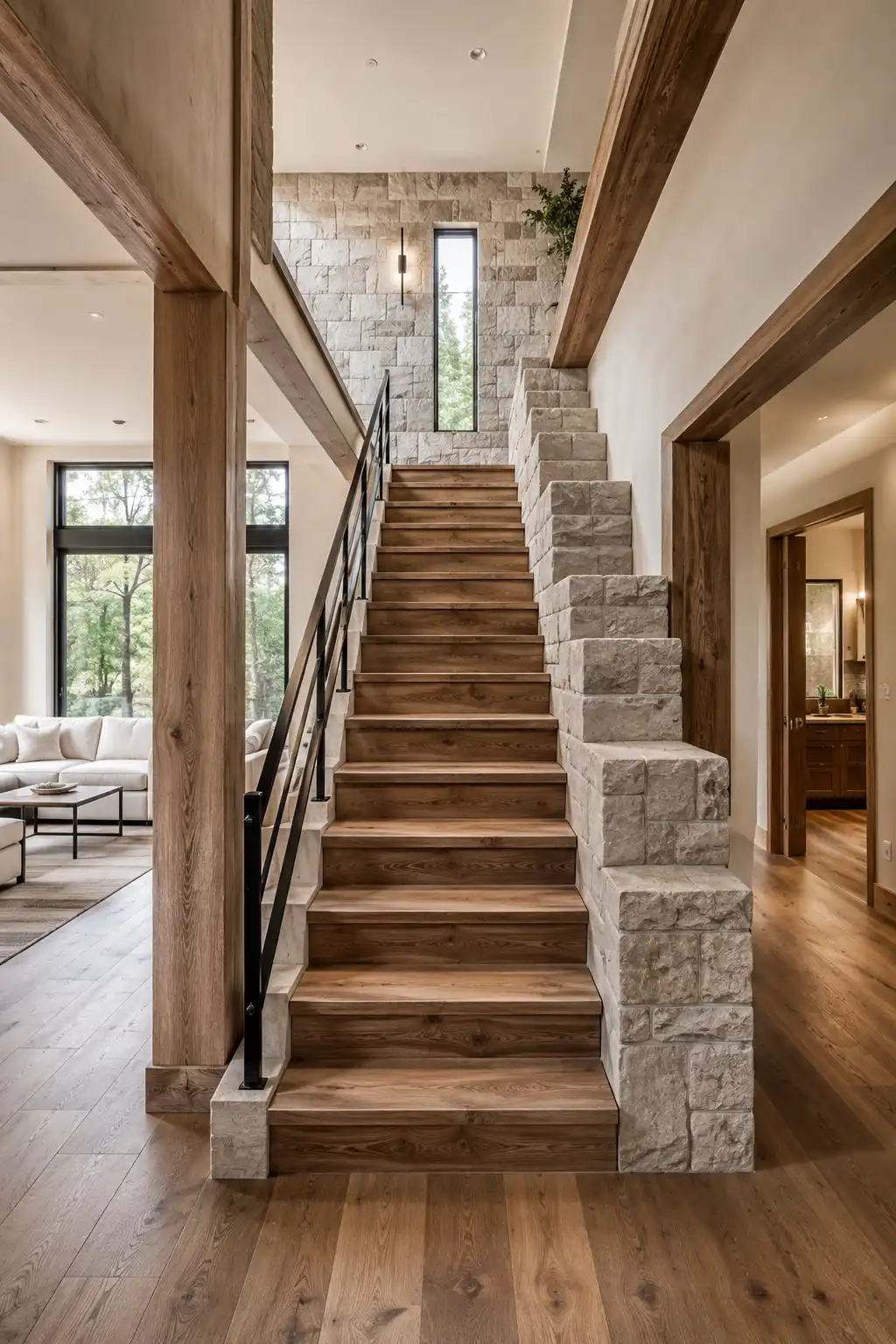 Modern real home staircase with warm wooden treads framed by staggered pale stone blocks, stepped masonry walls following the stair profile, slim black metal railing, exposed natural wood beams, matching oak flooring, tall narrow window, and strong Minecraft inspired geometric architecture.