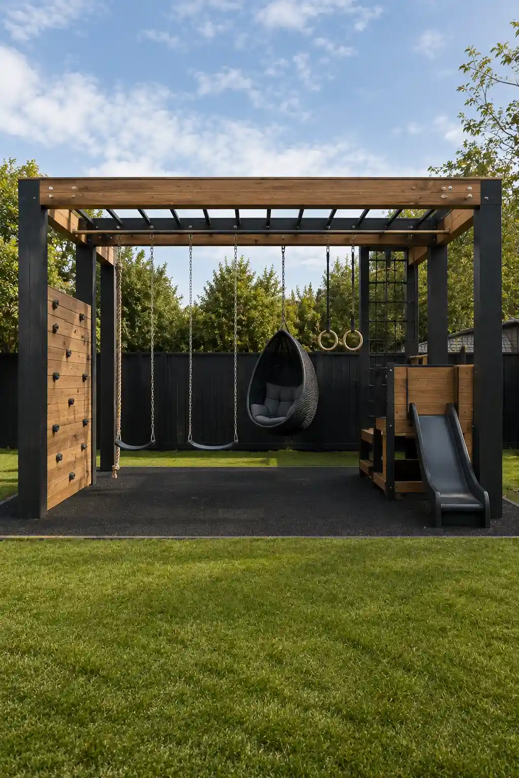 DIY kids swing playground featuring a large modern rectangular frame made from matte black structural beams and warm natural wood, two traditional children's swings with metal chains, hanging pod chair, gymnastic rings, climbing rope, vertical climbing wall, compact slide, dark impact-absorbing playground surface, green lawn, privacy fencing, mature trees, and a contemporary landscaped backyard.