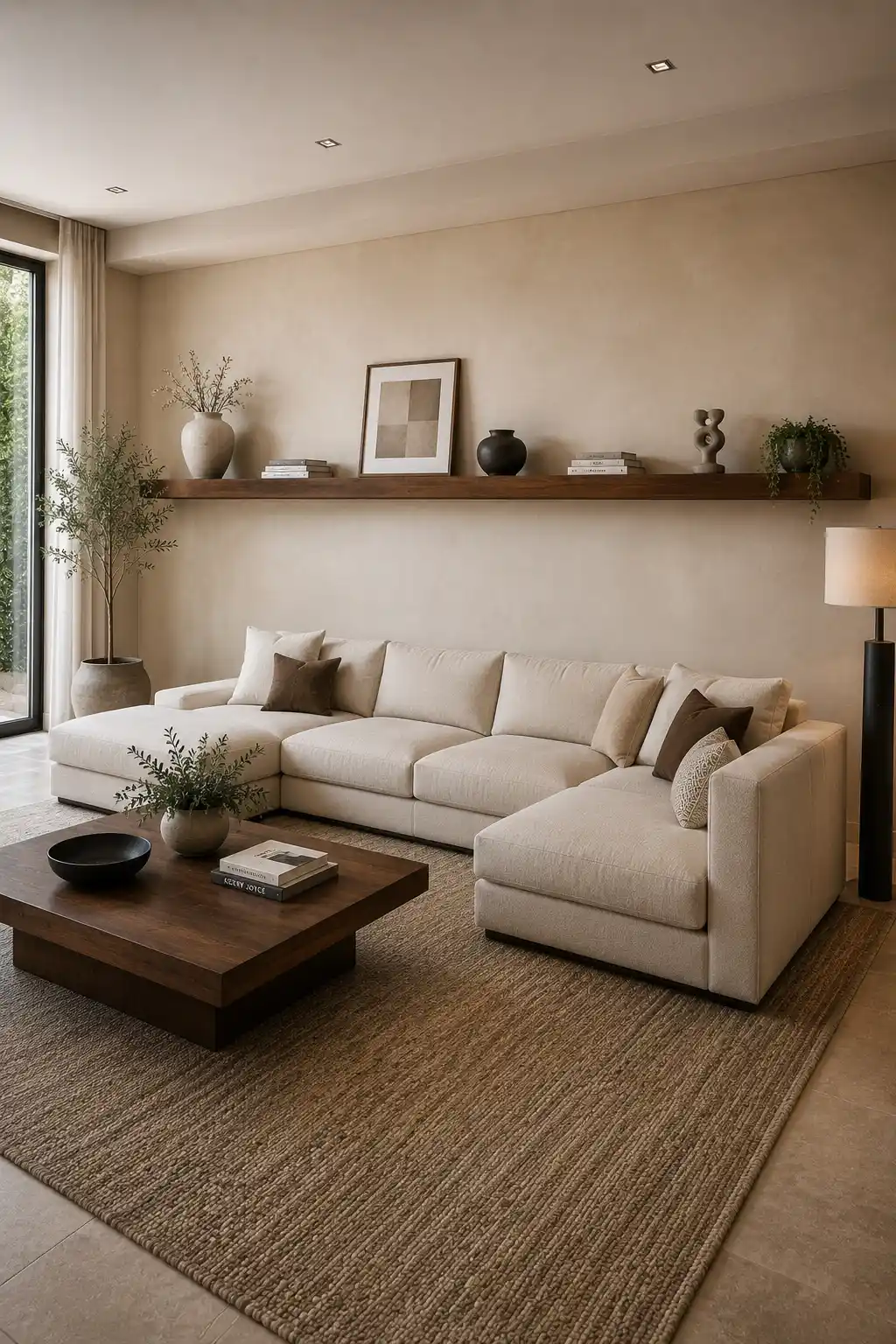 Contemporary living room featuring one continuous extra-long walnut floating shelf extending across a wide warm beige wall above a large cream sectional sofa. The uninterrupted shelf creates a strong horizontal architectural line and is styled with a large ceramic vase, framed artwork, stacked books, sculptural decor, and a trailing green plant. A dark walnut coffee table, textured neutral rug, modern floor lamp, natural wood flooring, and soft neutral furniture complete the refined modern living room.