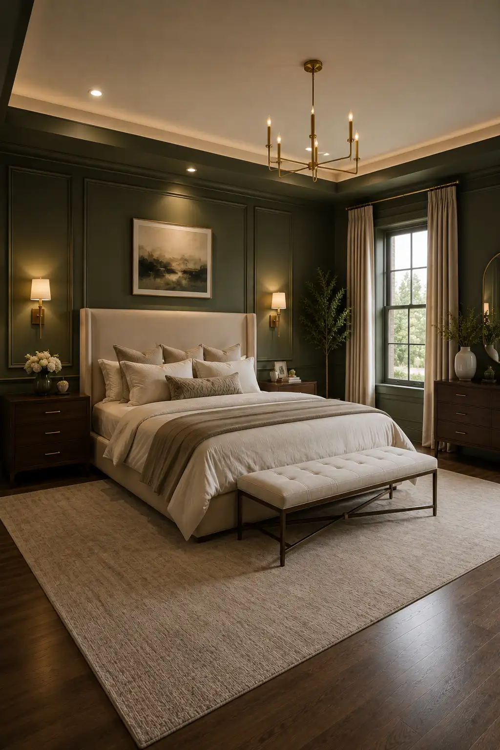 Moody modern bedroom featuring rich olive green painted walls with sophisticated decorative molding, a large cream upholstered bed layered with ivory bedding and warm neutral pillows, dark walnut nightstands, aged brass lighting, soft beige curtains, a large textured neutral rug, dark hardwood flooring, elegant framed artwork, subtle natural greenery, and warm ambient lighting creating an earthy upscale luxury bedroom.