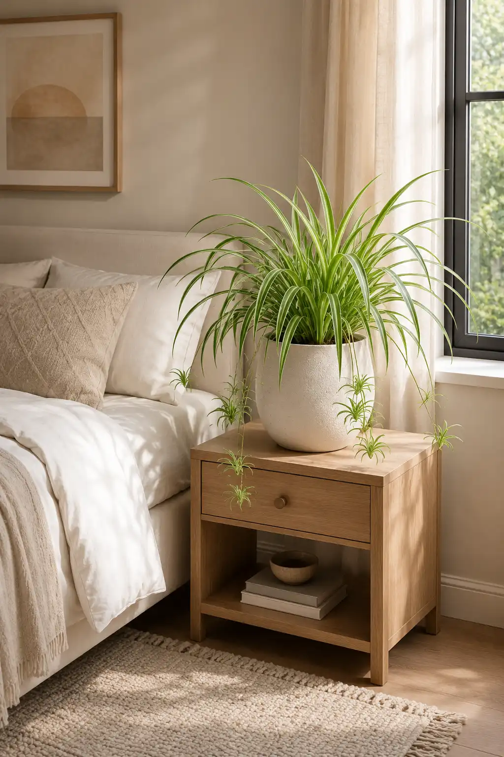 Full Spider Plant with long arching green and cream striped leaves and several hanging baby plantlets in a rounded white ceramic planter on a wooden bedside table beside a bright bedroom window, soft bedding, neutral curtains, and textured rug.