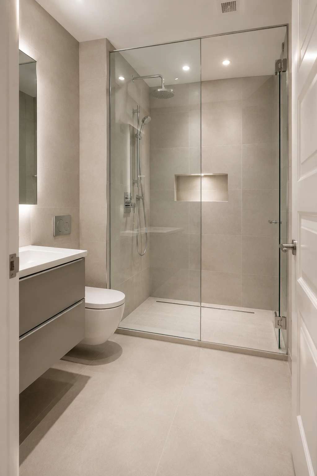 Small modern bathroom with an open walk in shower layout positioned along one side of the room behind a clear glass enclosure. Large format neutral tiles, a floating vanity, wall mounted toilet, recessed shower niche, rainfall shower, linear drain, and warm recessed lighting create a spacious and streamlined contemporary bathroom interior.
