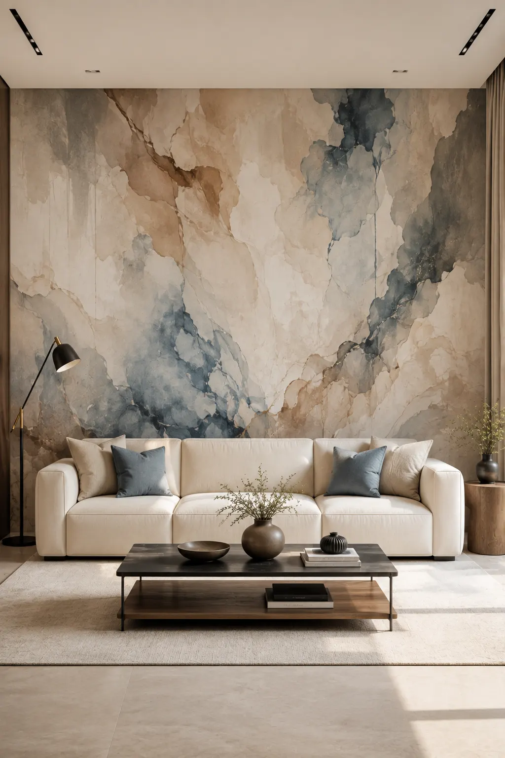 Modern living room featuring artistic blue abstract wallpaper with large flowing brushstrokes in muted blue, navy, soft gray, beige, and cream, paired with a neutral sectional sofa, black and wood coffee table, soft rug, minimalist black floor lamp, and contemporary styling.