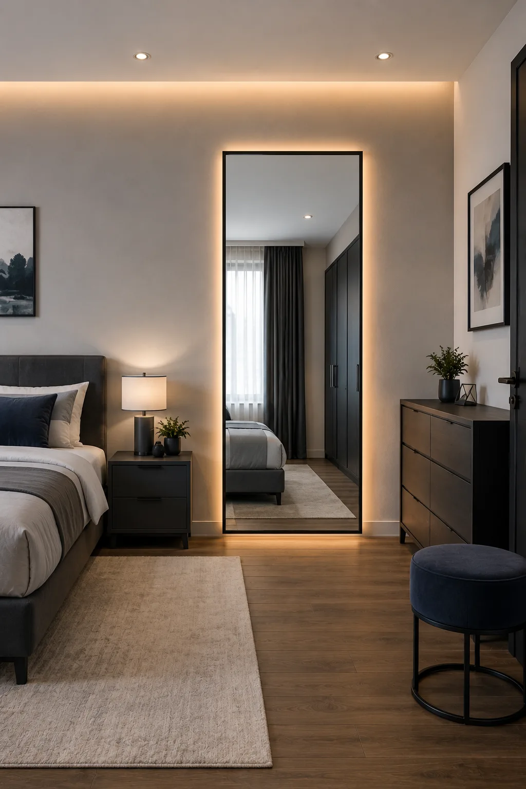 Modern teen bedroom featuring a tall full length black framed mirror with hidden warm white LED lighting around the back, creating a soft illuminated border against the wall. The dressing area includes a contemporary dresser, small round stool, neutral area rug, black furniture, modern artwork, warm wood flooring, and realistic reflections for a stylish DIY bedroom decor idea.