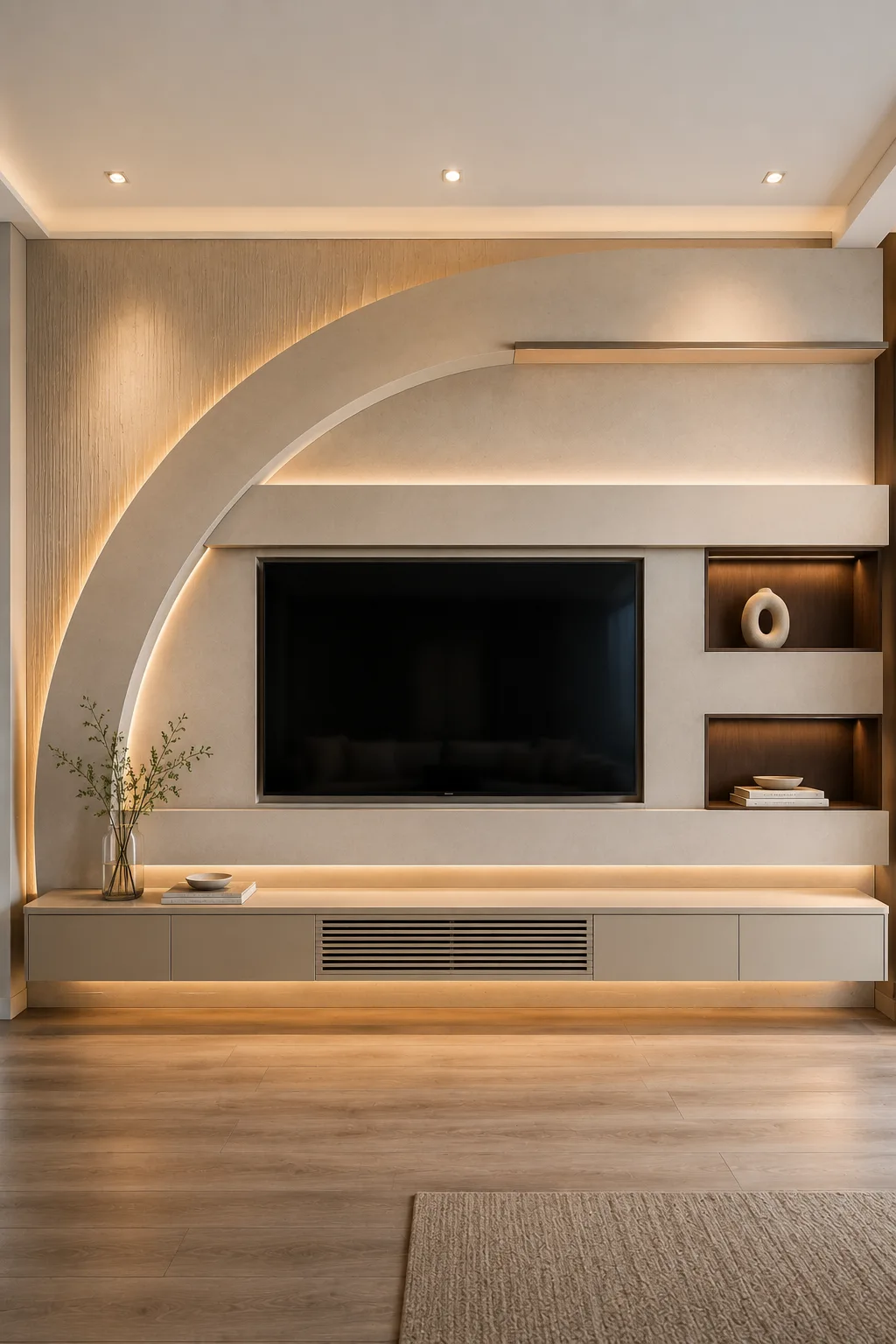 Architectural TV wall featuring a dramatic oversized curved arc sweeping around the television, layered horizontal panels, warm concealed lighting, recessed wood display niches, and a long floating storage cabinet for a sophisticated modern statement interior.