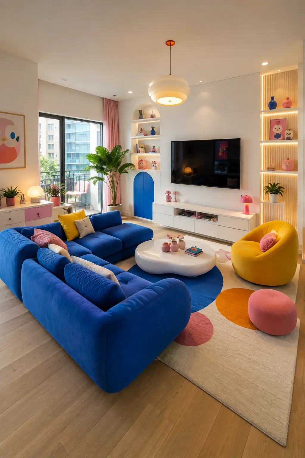 Playful Toca Boca inspired family living room featuring a large deep blue U shaped sectional sofa, bright yellow rounded lounge chair, white organic shaped coffee table, colorful circular area rug, pink and orange ottomans, illuminated display shelving, wall mounted television, blue and pink decorative accessories, colorful cushions, indoor plants, large windows, warm wood flooring, and a practical modern entertainment layout shown from a full room perspective.