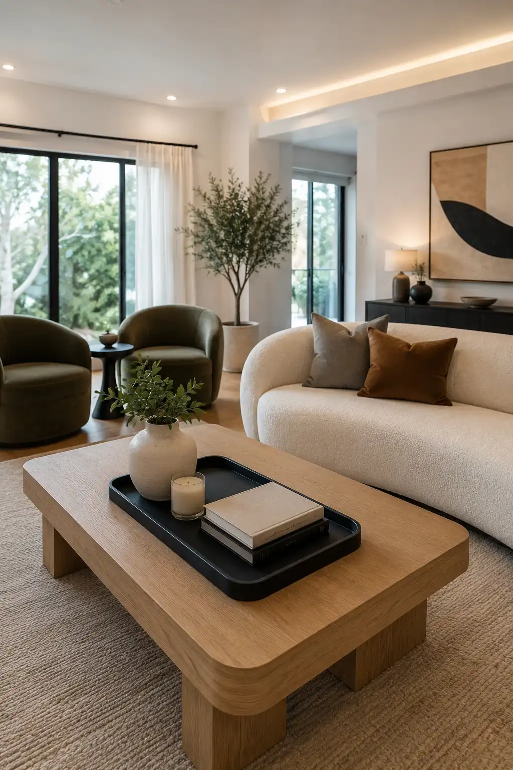 Contemporary living room featuring a light wood coffee table styled with a sleek black rectangular decorative tray holding a cream ceramic vase, small candle, and stacked books, surrounded by curved cream seating, olive-toned accent chairs, neutral rug, and modern abstract artwork.