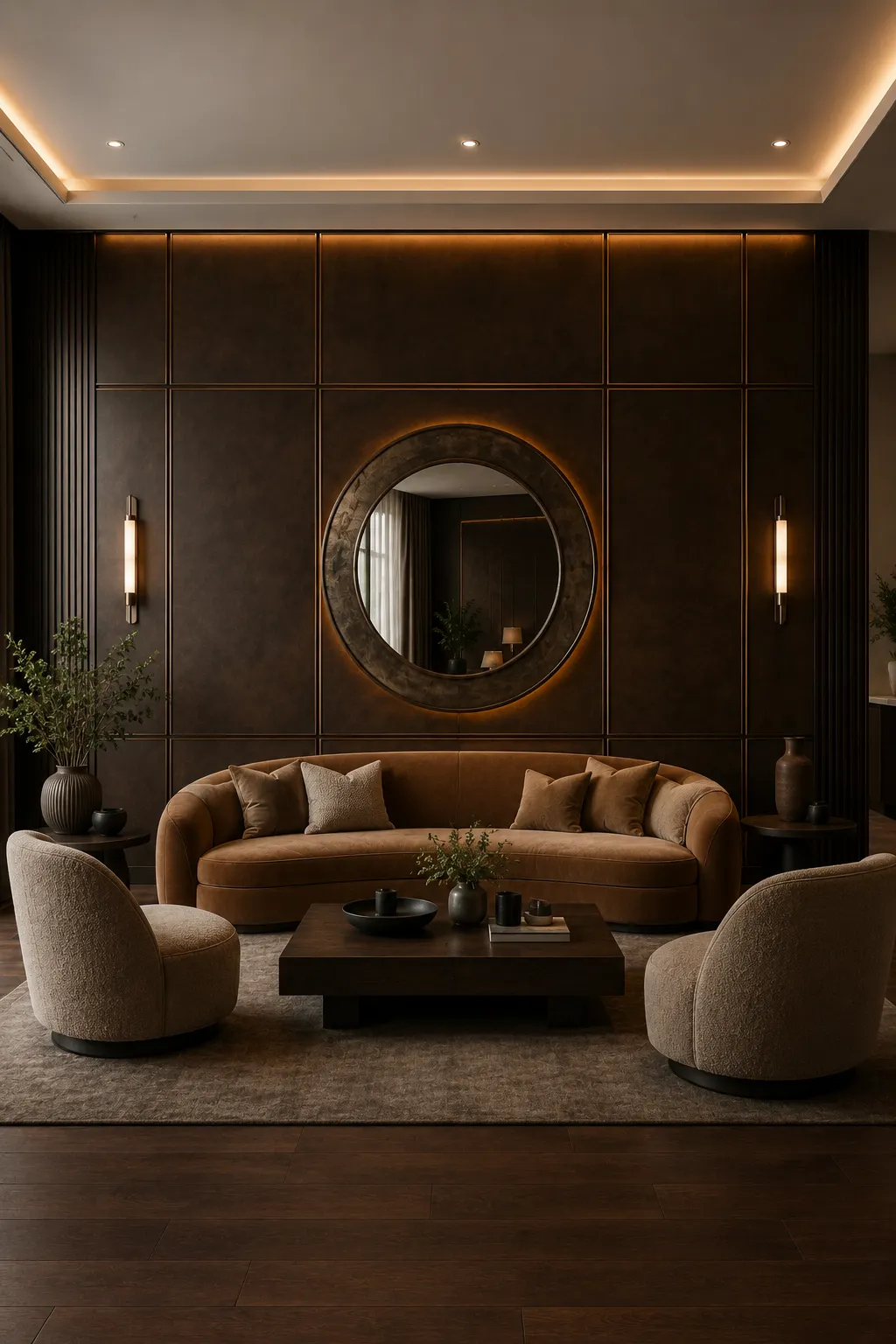 Rich luxury living room featuring a full chocolate brown accent wall with large geometric architectural panels, oversized round decorative mirror with warm backlighting, caramel brown curved sofa, cream boucle lounge chairs, dark walnut coffee table, warm bronze wall sconces, neutral textured rug, dark wood flooring, and sophisticated hotel inspired decor.