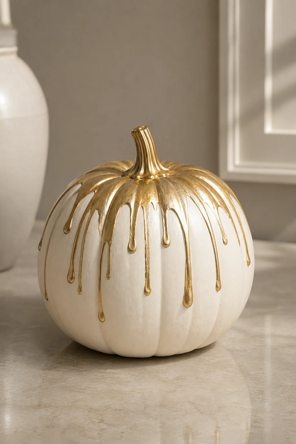 A warm white pumpkin featuring cascading metallic champagne gold paint drips flowing from the top along its natural ribs, with varied drip lengths and a luxurious finish for elegant modern fall decorating.