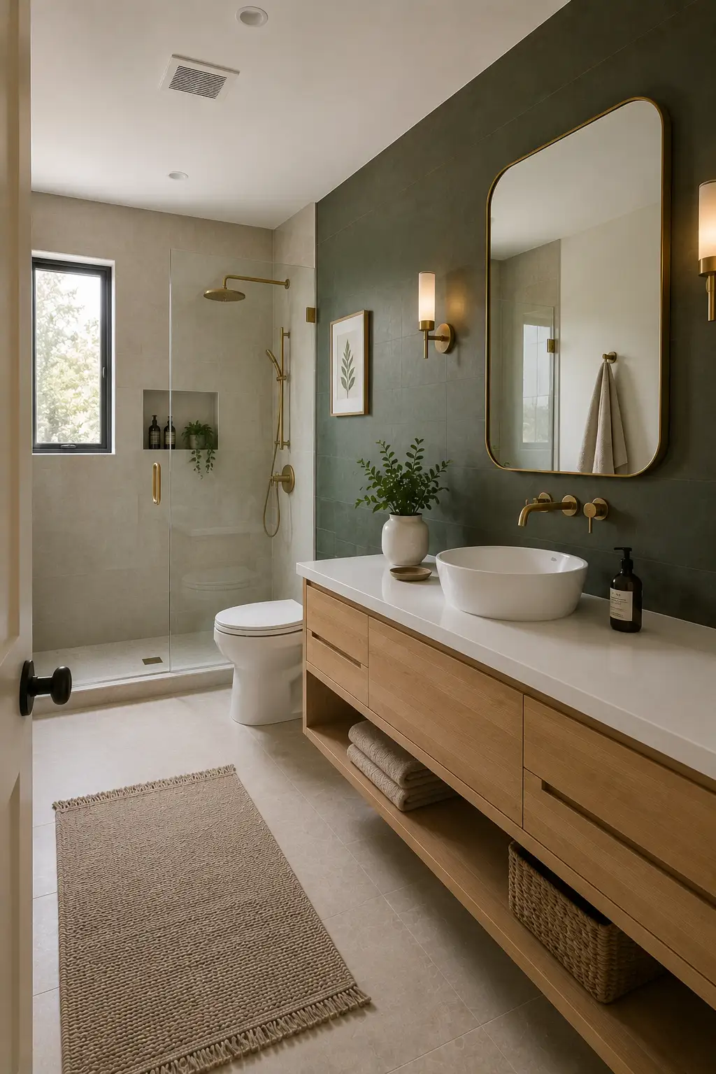 Luxury modern sage green bathroom featuring a deep muted sage green feature wall behind a natural oak vanity, white countertop, white vessel sink, large rounded brass-framed mirror, brushed brass wall-mounted faucet, warm brass lighting, neutral beige shower walls, frameless glass shower enclosure, white toilet, light flooring, woven neutral runner, ceramic decor, and soft natural lighting.