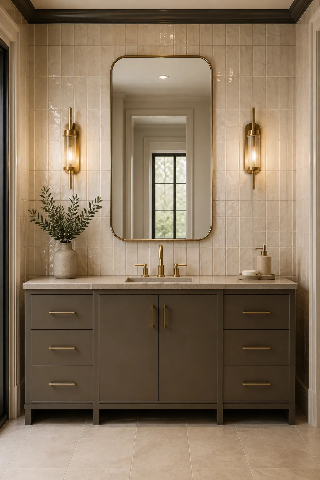 Modern vintage bathroom with a streamlined taupe vanity, warm handmade-look cream ceramic tile, subtle tonal wall variation, rounded brass-framed mirror, antique brass sconces, simple neutral floor, and refined contemporary styling.