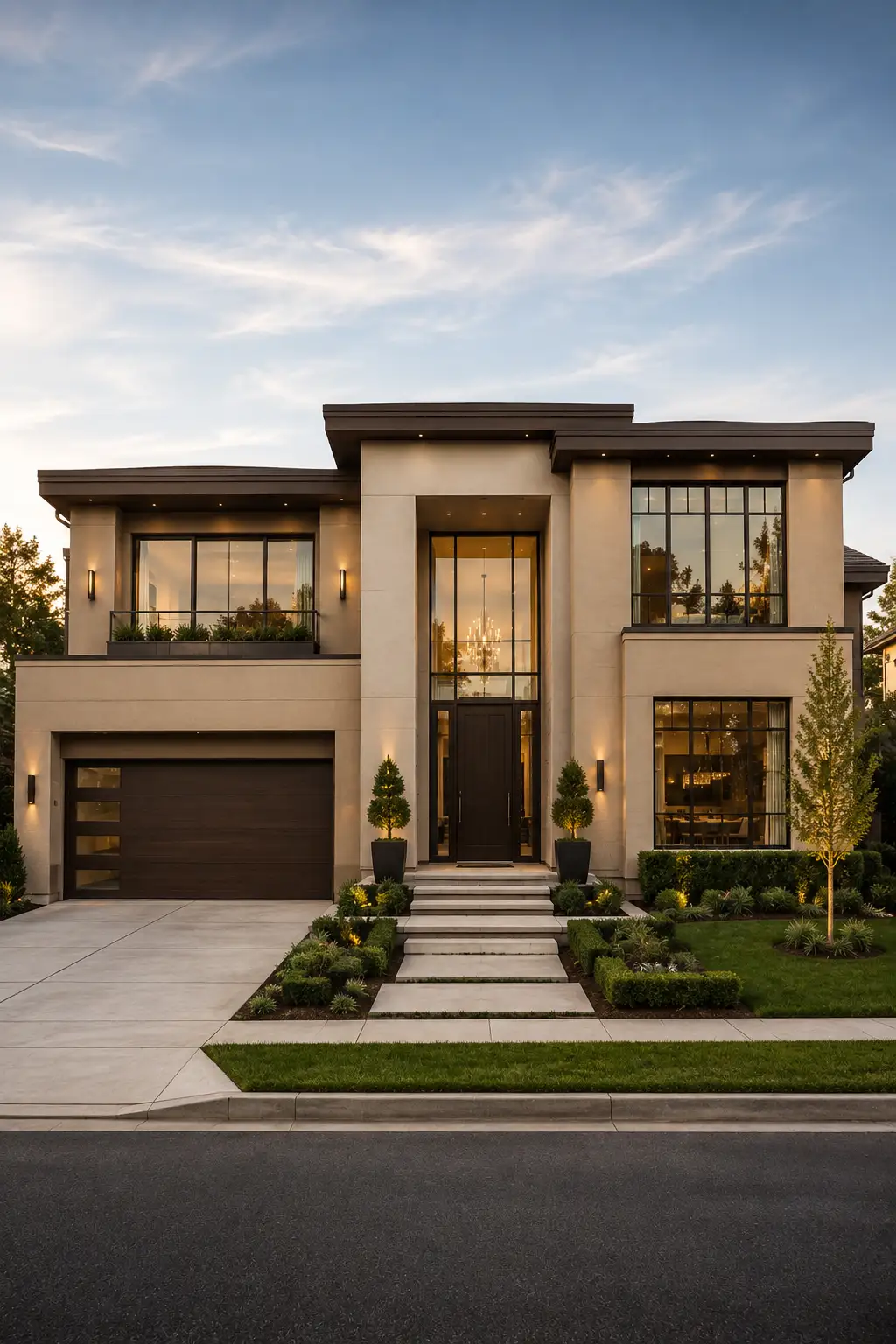 Luxury modern two story home with warm taupe exterior paint and rich espresso brown accents, large black framed windows, dark garage door, tall entrance, layered contemporary facade, manicured landscaping, concrete driveway, and elegant warm lighting.