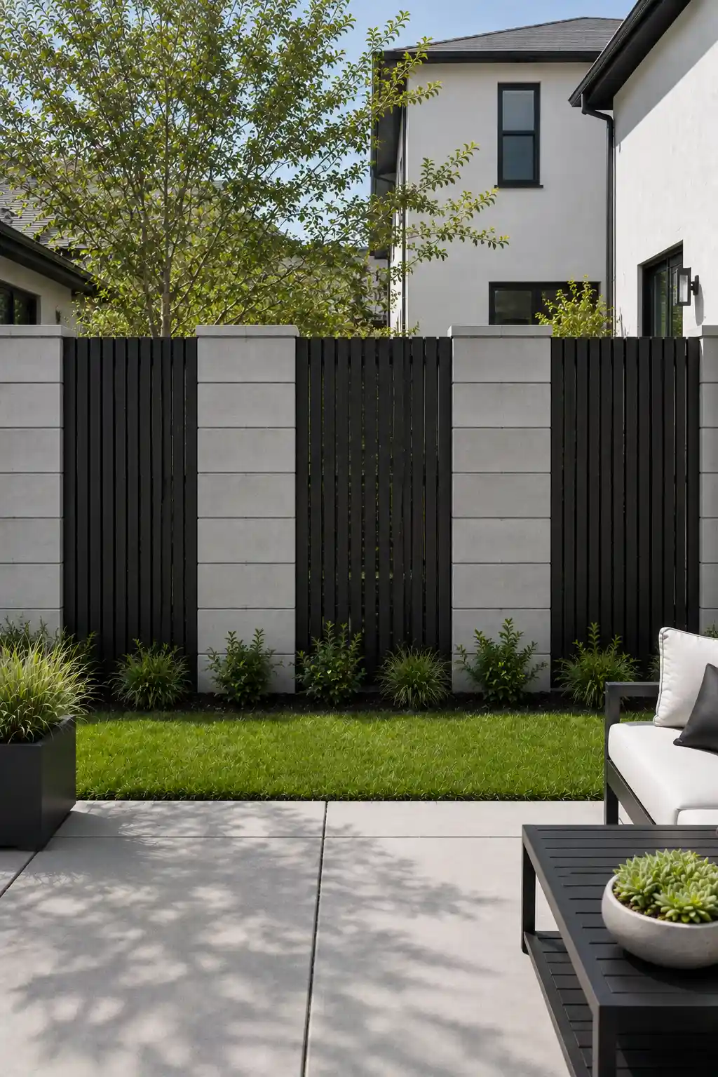 Contemporary fence combining tall black vertical slats with light gray concrete block columns, creating a bold modern privacy boundary across a landscaped backyard with ornamental grasses, green lawn, concrete patio, and minimalist outdoor seating.