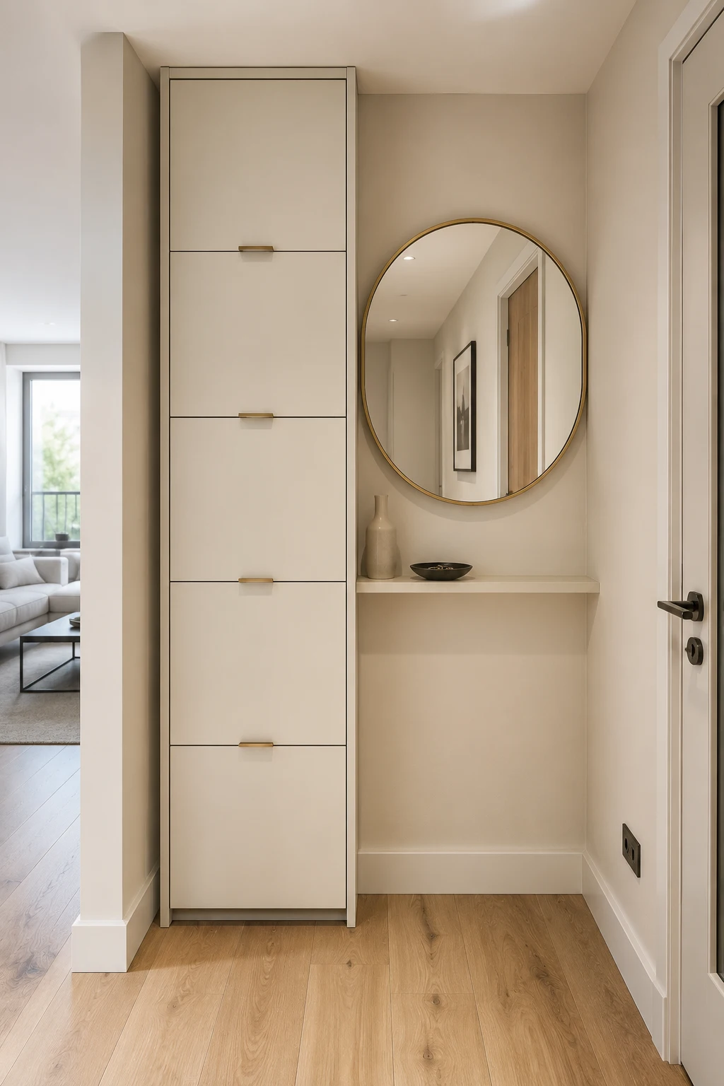 Small modern entryway featuring a tall floor to ceiling cream shoe storage cabinet with multiple concealed compartments and slim brass handles, separate floating wall shelf, large round brass framed mirror, ceramic vase, shallow decorative bowl, warm natural wood flooring, soft neutral walls, open walking area, and clean contemporary storage designed to maximize vertical space in a compact entrance.