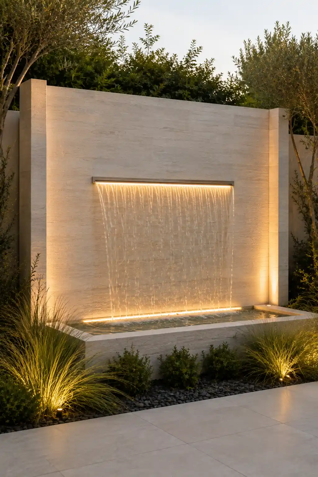 Modern backyard water wall featuring a wide illuminated waterfall flowing into a narrow stone basin, warm integrated lighting, pale textured feature wall, ornamental grasses, low shrubs, dark decorative stones, and clean neutral paving for a peaceful contemporary garden.