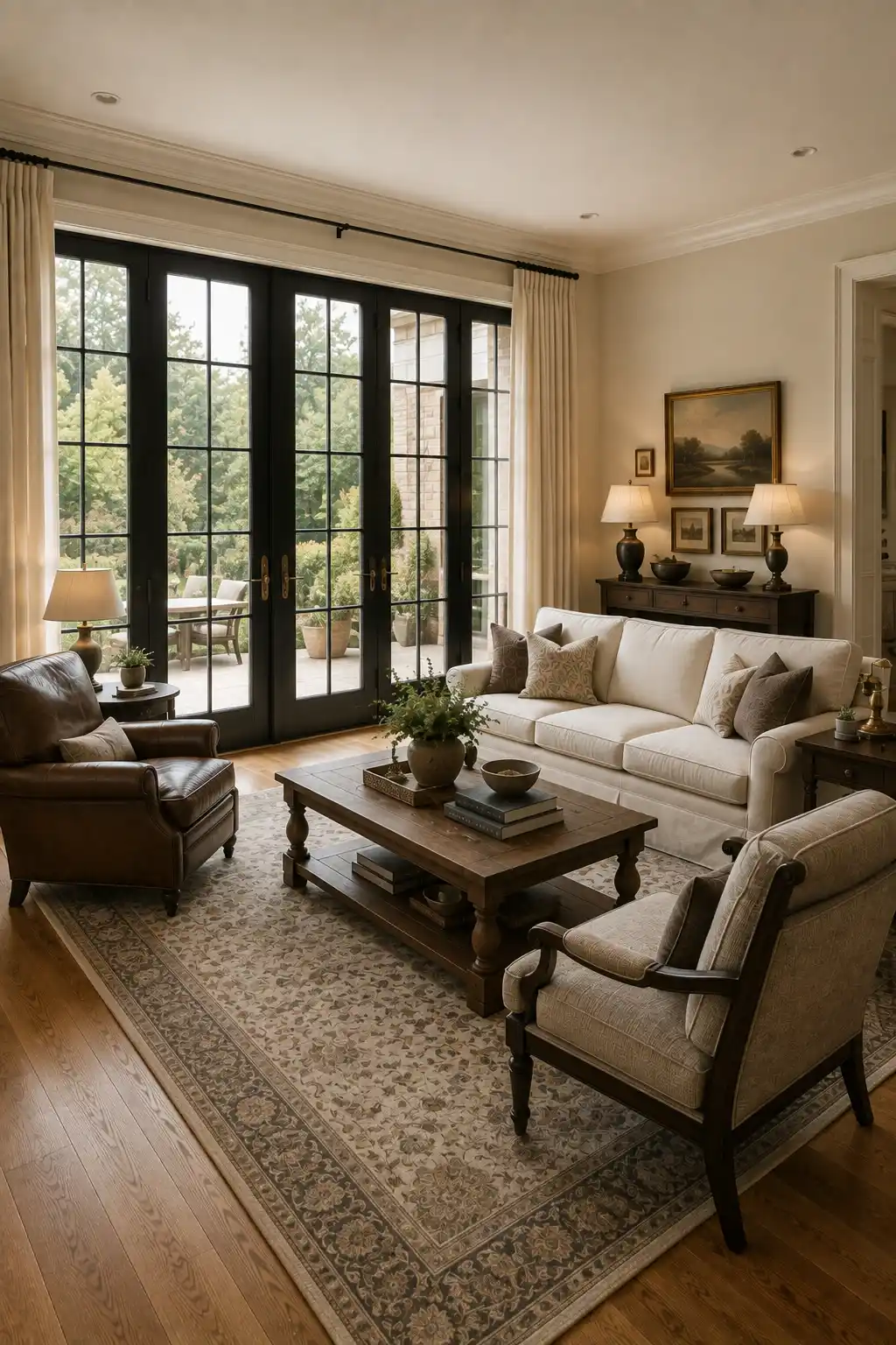 Joanna Gaines inspired living room featuring black framed French doors opening to a green outdoor patio, cream sofa, brown leather armchair, traditional wood framed chair, rustic coffee table, vintage patterned rug, dark wood console, classic artwork, and warm layered lighting.