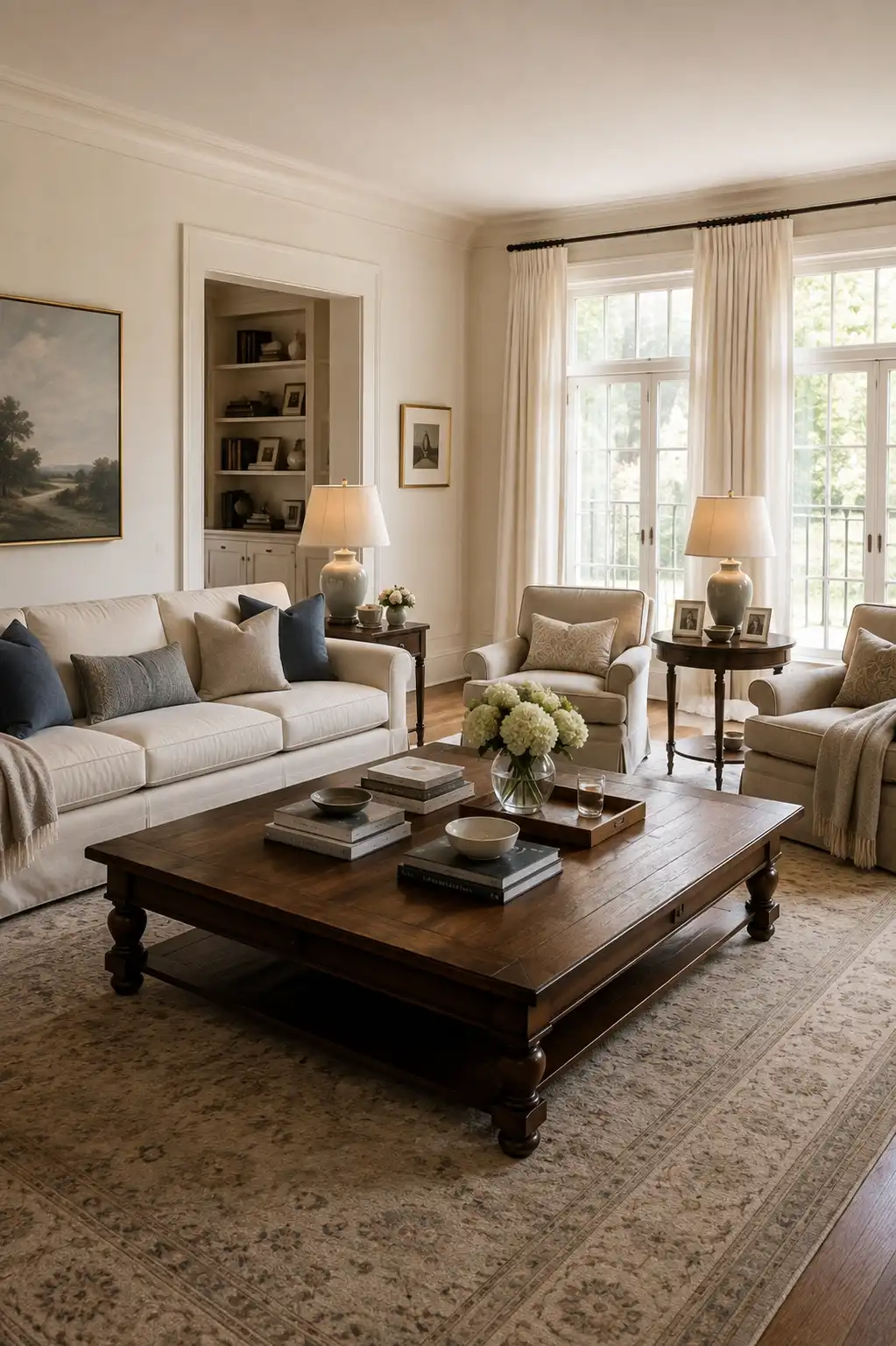 Sophisticated Nancy Meyers living room featuring an oversized dark wood coffee table surrounded by a cream sofa and neutral armchairs, layered books, fresh white flowers, ceramic lamps, muted blue pillows, traditional rug, and bright floor length windows.