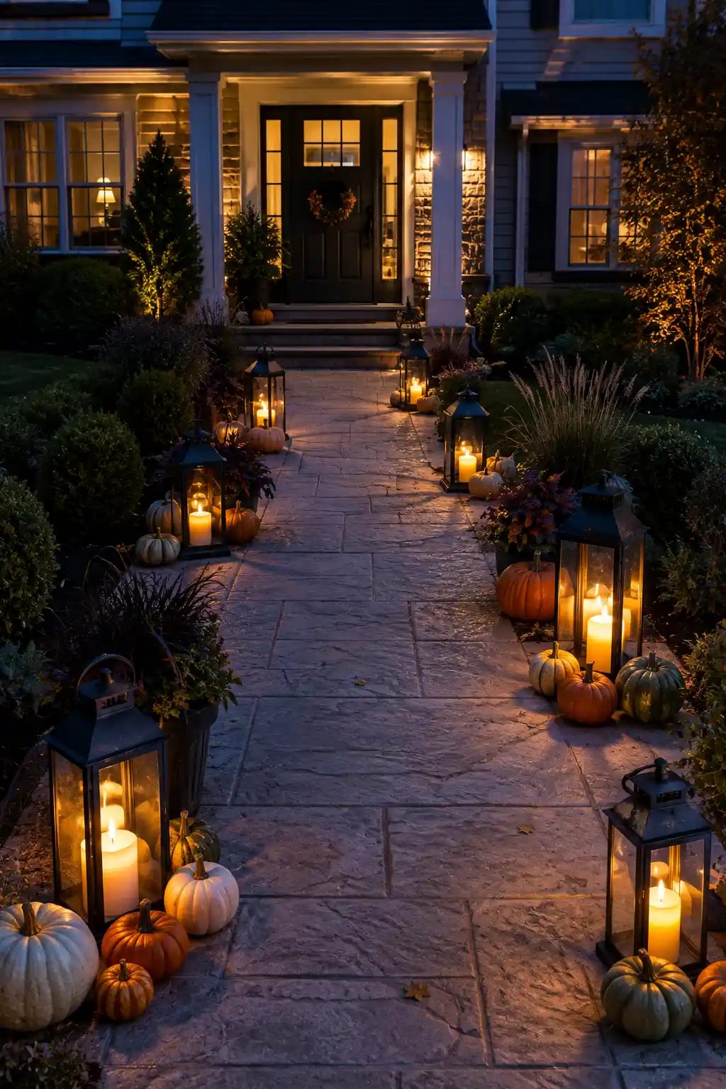 Outdoor fall walkway decor at dusk featuring glowing black lanterns arranged along a stone path with orange, cream, and muted green pumpkins, seasonal planters, ornamental grasses, and warm lighting leading toward the front door.