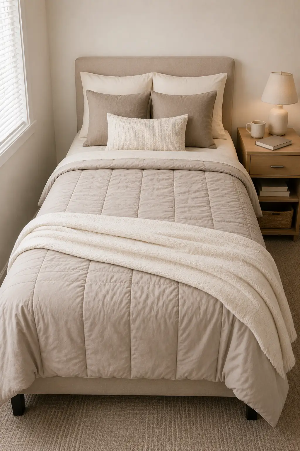 Neutral taupe dorm bedding idea featuring a softly quilted taupe comforter, ivory sleeping pillows, layered beige accent pillows, a textured cream lumbar cushion, and a cozy ivory throw styled in a warm neutral college dorm room.