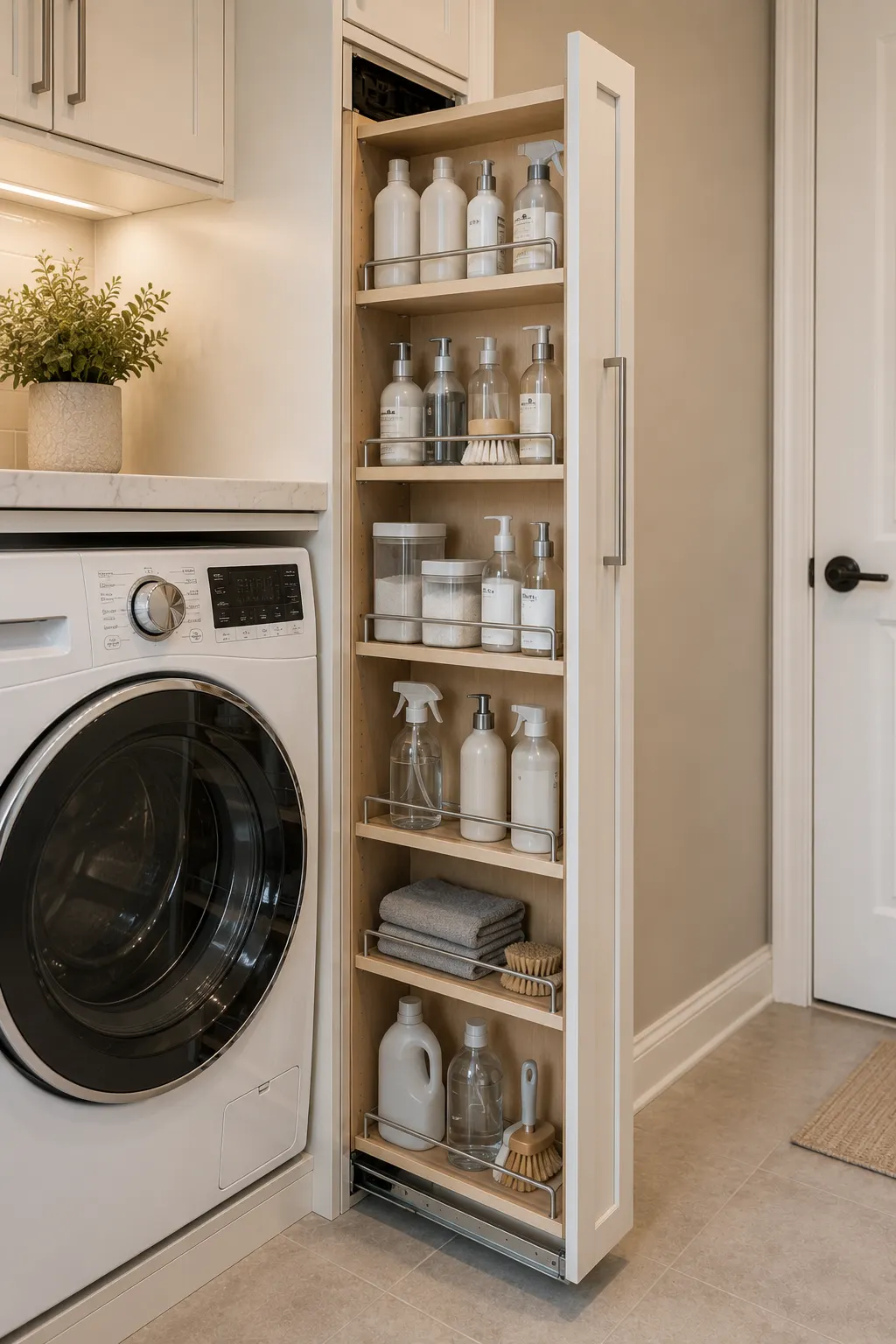 Space saving laundry room organization featuring a slim pull out cabinet beside the washing machine with multiple shelves for detergent bottles, cleaning sprays, stain treatments, brushes, folded cloths, and other frequently used laundry supplies.
