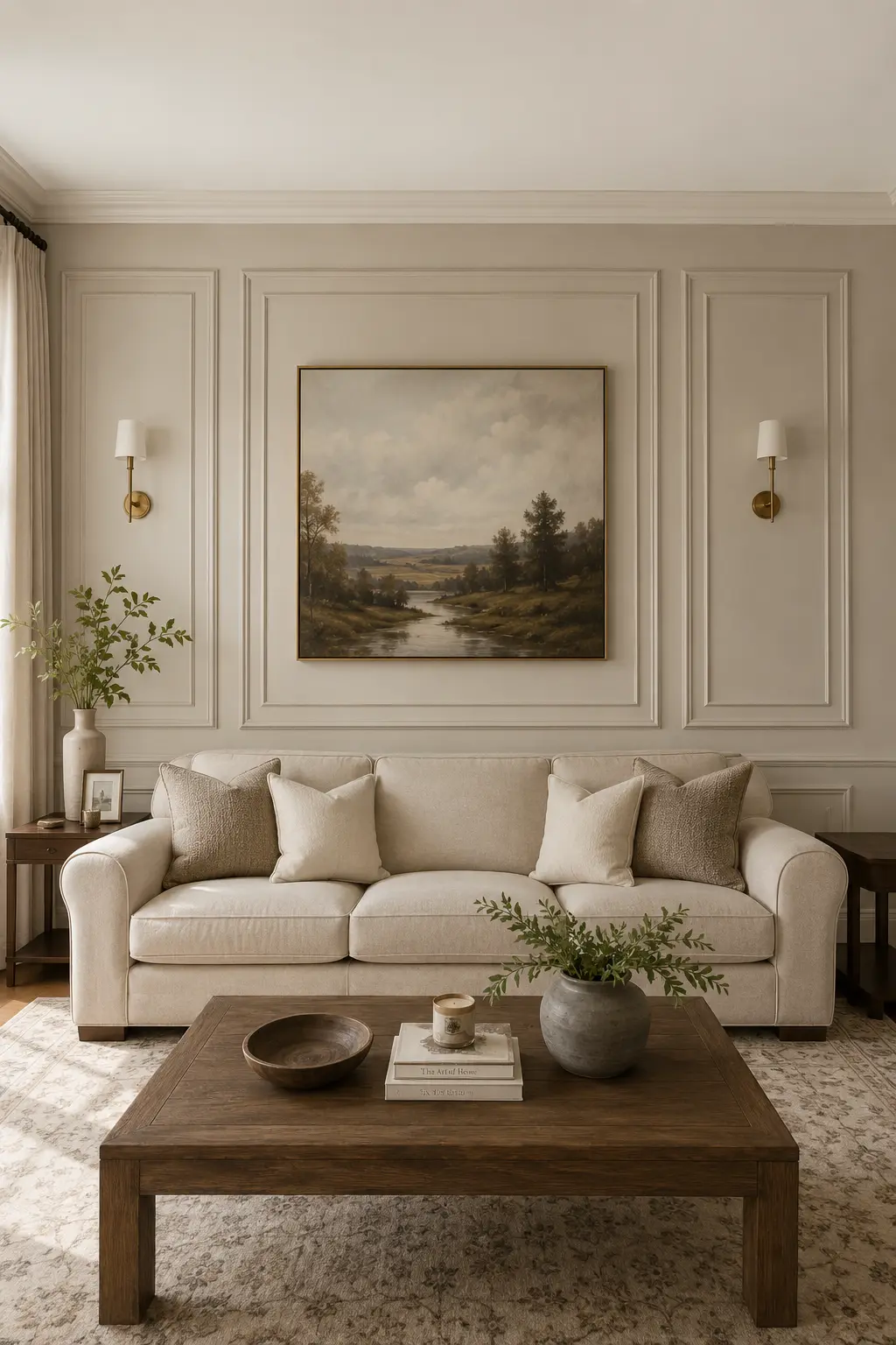 Classic contemporary living room wall decor featuring symmetrical picture frame molding, centered landscape artwork, matching brass wall sconces, a cream sofa, and warm wood furniture for a balanced architectural feature wall.