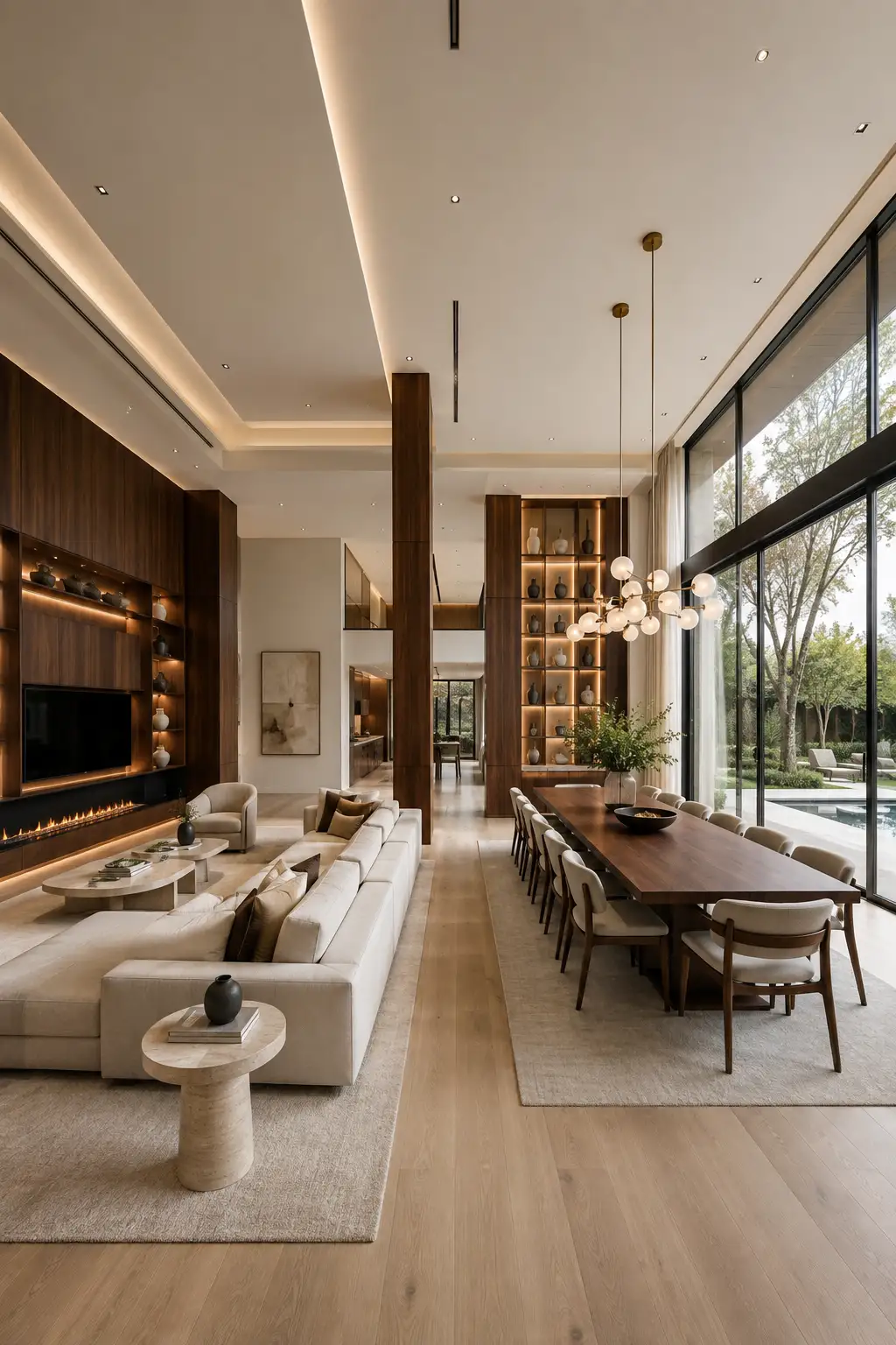 Modern open layout living room dining room with dramatic floor to ceiling windows, custom walnut media wall, sleek fireplace, oversized sectional sofa, spacious dining area, luxury pendant lighting, warm oak flooring, neutral color palette, panoramic garden views, and elegant contemporary home design.