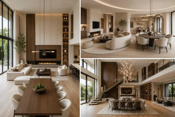 Luxury open layout living room dining room ideas collage featuring three ultra modern designer interiors with spacious open concept layouts, floor to ceiling windows, custom walnut feature walls, elegant linear fireplaces, curved sectional sofas, oversized dining tables, dramatic double height ceilings, sculptural chandeliers, light oak flooring, warm neutral color palette, premium contemporary furniture, seamless indoor outdoor living, and sophisticated luxury home decor inspiration.