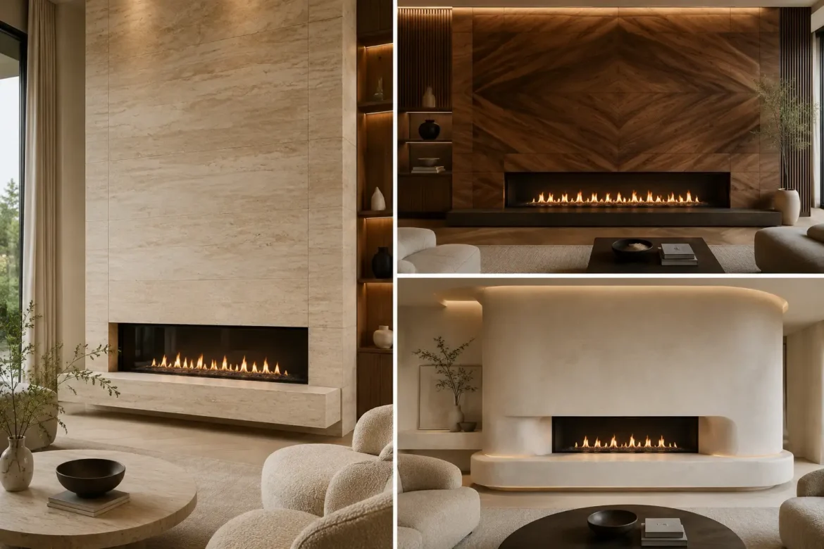 Luxury modern living room fireplace ideas collage featuring a floor to ceiling limestone fireplace, elegant walnut fireplace wall, sculptural curved plaster fireplace, sleek linear gas fireplaces, floating stone hearths, warm ambient LED lighting, premium contemporary interiors, and sophisticated designer home decor inspiration.