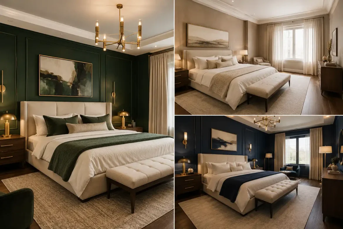 Luxury paint colors collage featuring three sophisticated bedroom interiors, including a deep emerald green bedroom with cream upholstered bedding and brass lighting, a warm neutral bedroom with taupe walls and elegant layered textiles, and a dramatic deep navy bedroom with cream bedding, dark wood furniture, brass fixtures, and large textured rugs, showcasing stylish modern bedroom paint color ideas in a premium editorial interior design composition.