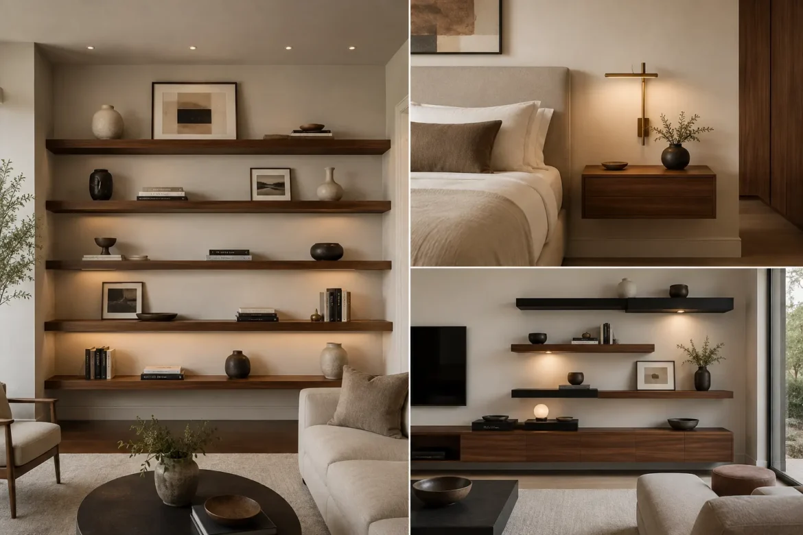 Modern home interior collage featuring stylish DIY floating shelf ideas across three contemporary room settings. The main panel shows a warm neutral living room with multiple dark walnut floating shelves styled with ceramic vases, framed artwork, stacked books, sculptural decor, and subtle greenery. The upper right panel features a refined modern bedroom with a walnut floating bedside shelf, minimalist decor, and warm ambient lighting, while the lower right panel shows a contemporary TV wall with mixed walnut and matte black floating shelves, decorative objects, concealed lighting, and a sleek wood media console. The complete collage highlights modern floating shelf designs, creative wall decor, stylish shelf styling, and refined home organization ideas.