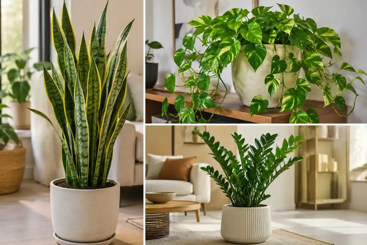 Collage of Low-Maintenance Indoor Plants featuring a tall Snake Plant, trailing Golden Pothos, and glossy ZZ Plant arranged in stylish neutral ceramic planters across bright modern living spaces with warm wood furniture, soft natural light, and contemporary home decor.