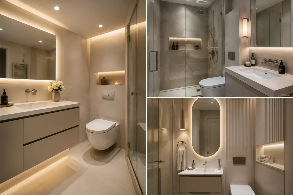 small bathroom decor ideas collage featuring three elegant contemporary bathroom interiors with warm beige and greige tones, floating vanities, large illuminated mirrors, frameless glass showers, recessed shower niches, vertical wall paneling, streamlined fixtures, and soft ambient LED lighting. The three distinct bathroom views showcase space-saving layouts, refined materials, clean architectural details, and modern luxury styling designed to make compact bathrooms feel larger, brighter, and more expensive.