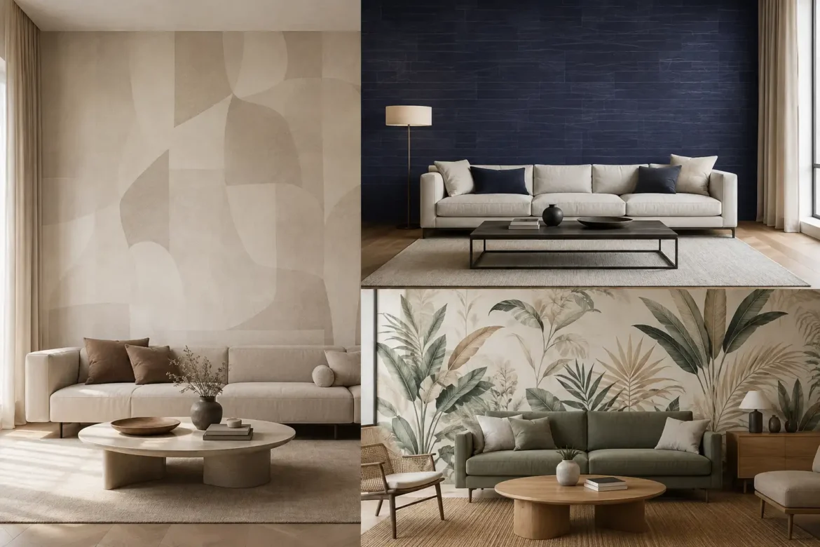Premium modern living room wallpaper ideas collage featuring three sophisticated interior designs, including a soft beige abstract wallpaper wall with a cream sectional sofa, a deep navy textured wallpaper wall with neutral contemporary furniture, and an oversized botanical wallpaper design with muted green leaves and an elegant olive sofa, all styled with modern coffee tables, neutral rugs, warm wood accents, natural lighting, and refined contemporary home decor.