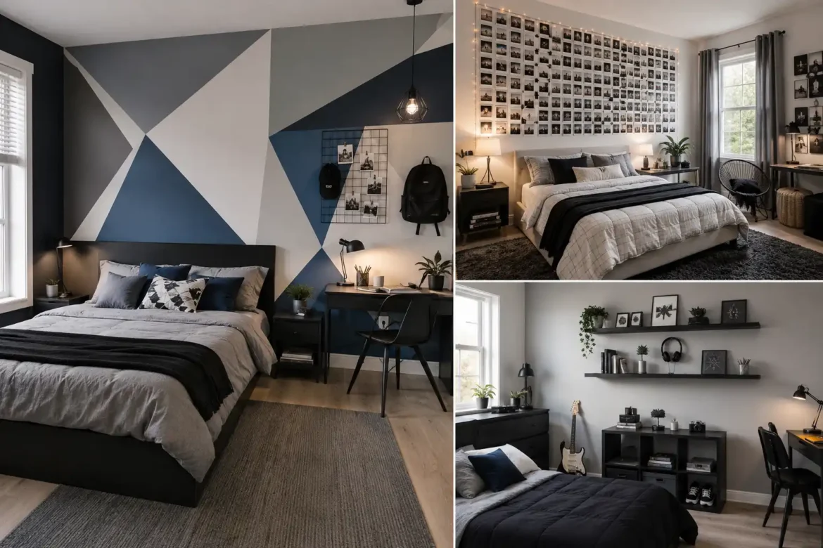 Modern DIY room decor ideas collage featuring three stylish DIY room decor ideas, including a bold geometric painted accent wall, a personalized Polaroid photo display above the bed, and modern floating shelves filled with books, framed artwork, headphones, plants, collectibles, and bedroom accessories. The contemporary bedrooms use neutral colors, charcoal, muted blue, warm wood, modern furniture, and clean decorative details for an inspiring teen bedroom makeover.