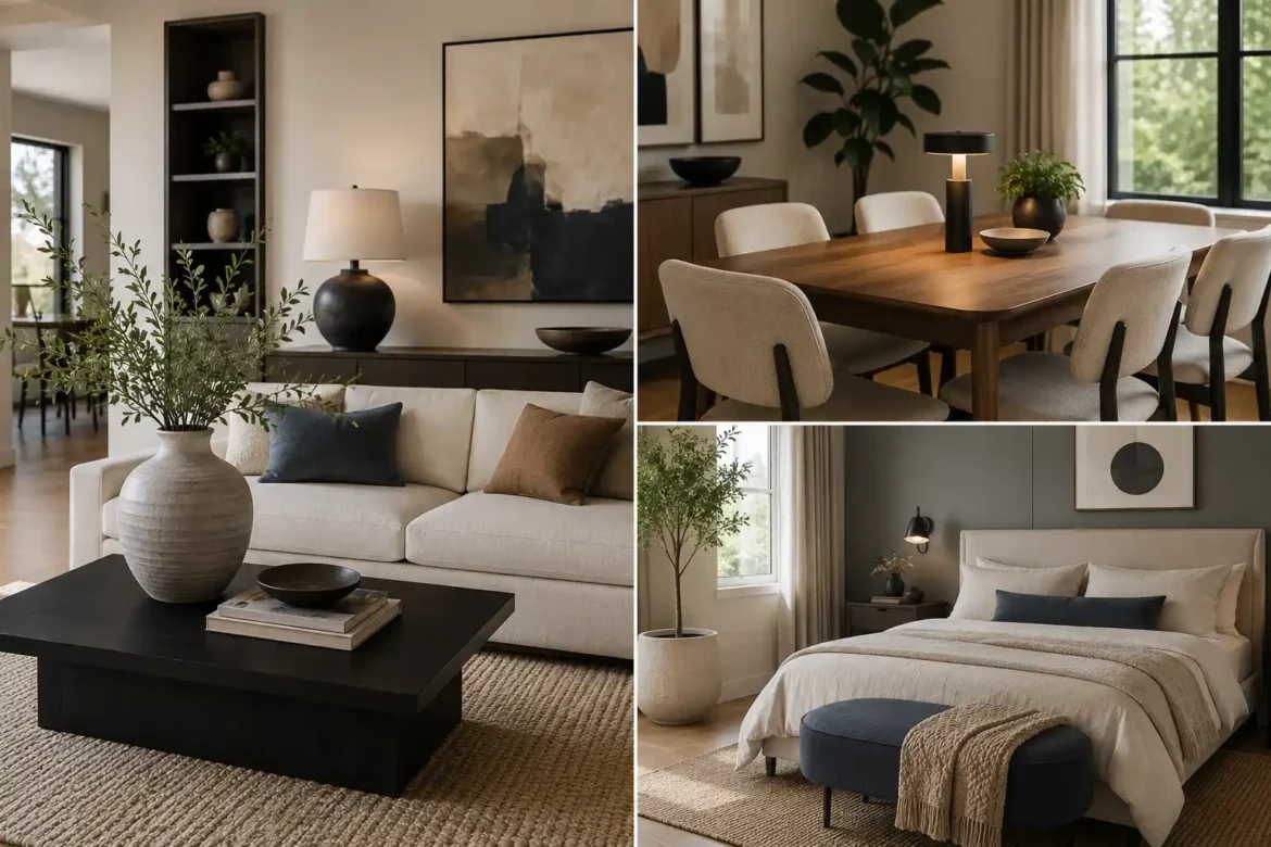 Modern home decor finds collage featuring a contemporary living room with a sculptural ceramic vase and neutral sofa, an elegant dining room with a wood table and cordless lamp, and a sophisticated bedroom with layered neutral bedding, accent seating, greenery, and modern decor accents, showcasing affordable designer inspired home decor ideas under $50.