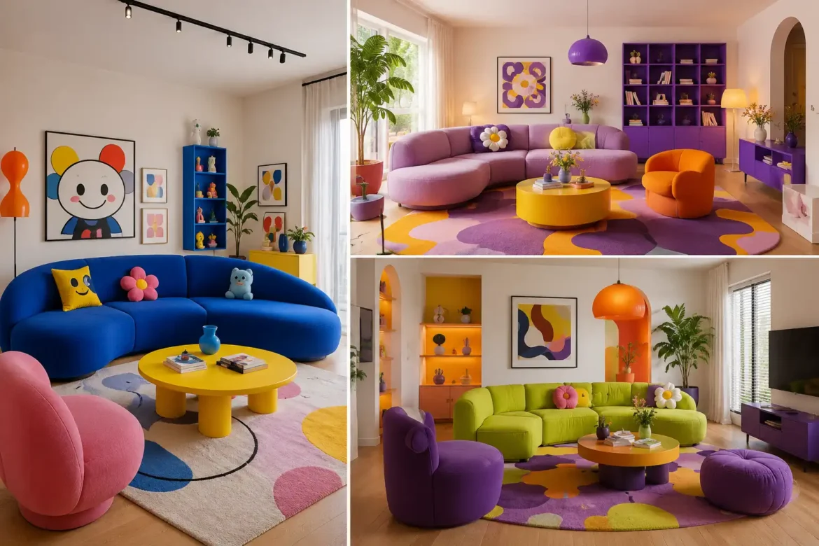 Toca Boca Living Room Ideas collage featuring three colorful contemporary interiors with playful curved sofas in cobalt blue, lavender, and lime green, bold yellow and orange coffee tables, rounded pink and purple accent chairs, colorful abstract wall art, geometric area rugs, modern pendant lighting, arched shelving, indoor plants, vibrant decorative accessories, and cheerful full room layouts designed for a stylish playful home.